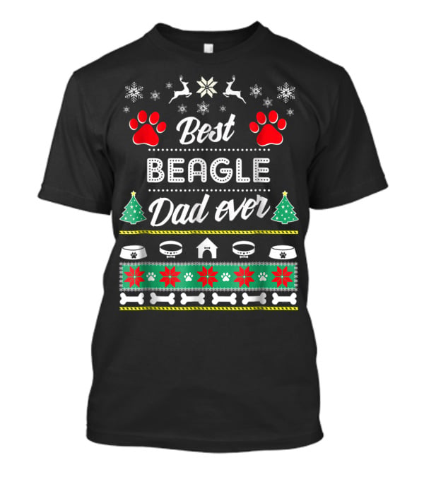 Best Beagle Dad Ever Christmas Paw Prints Dog House Reindeer Snowflakes Bones T-Shirt