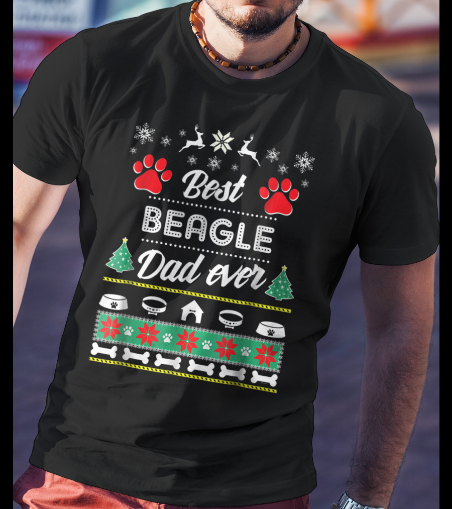 Best Beagle Dad Ever Christmas Paw Prints Dog House Reindeer Snowflakes Bones T-Shirt