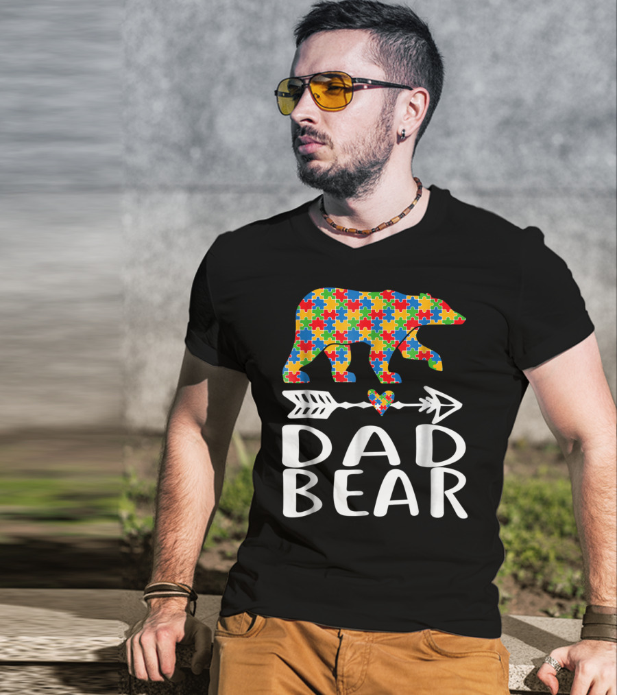 Autism Awareness Bear Puzzle Dad Arrow Heart Family T-Shirt