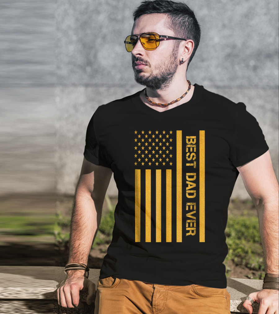 Best Dad Ever American Flag In Gold T-Shirt
