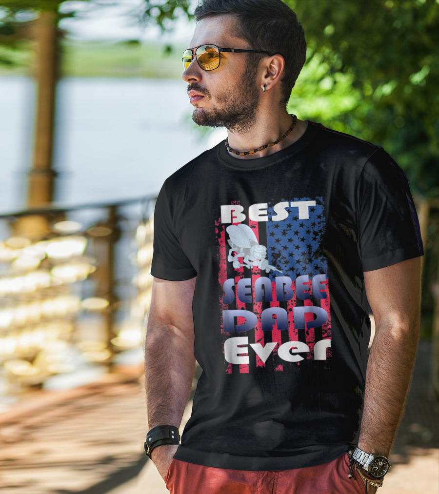 Best Seabee Dad Ever American Flag Bee Mascot T-Shirt