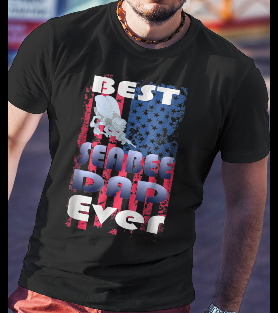 Best Seabee Dad Ever American Flag Bee Mascot T-Shirt