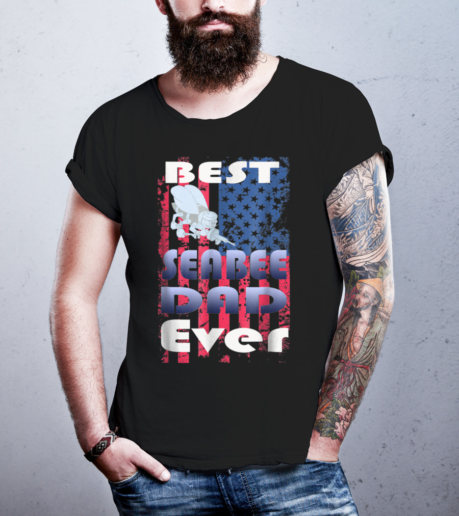 Best Seabee Dad Ever American Flag Bee Mascot T-Shirt
