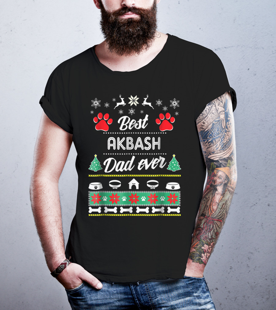 Best Akbash Dad Ever Christmas Snowflakes Reindeer Trees Paws Bones T-Shirt