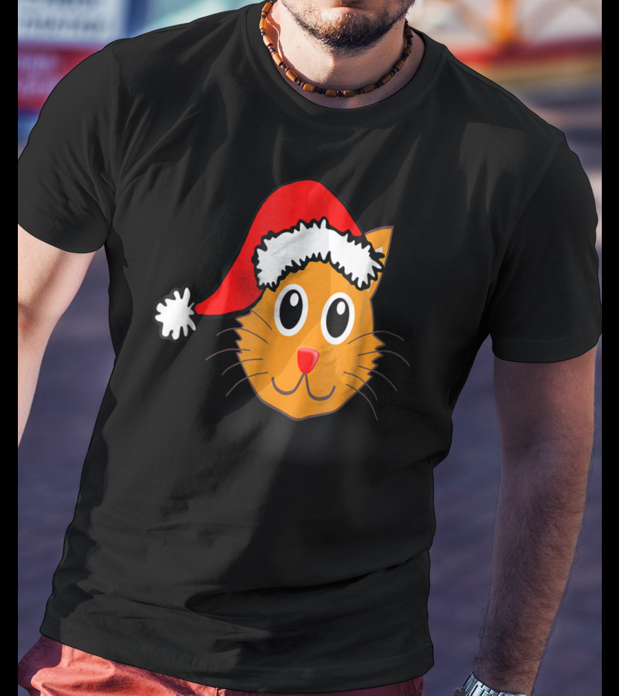 Cat Lover Grandma Kid Grandpa39 Santa Hat Cat Face T-Shirt