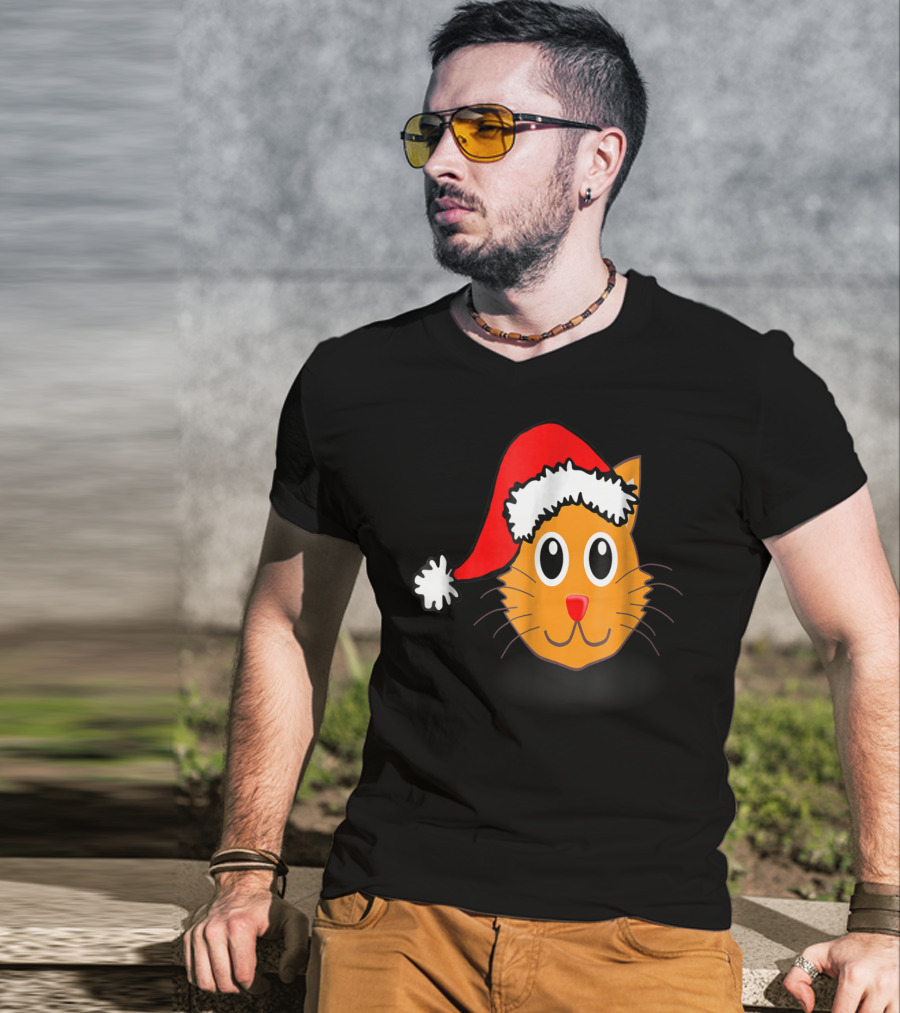 Cat Lover Grandma Kid Grandpa39 Santa Hat Cat Face T-Shirt