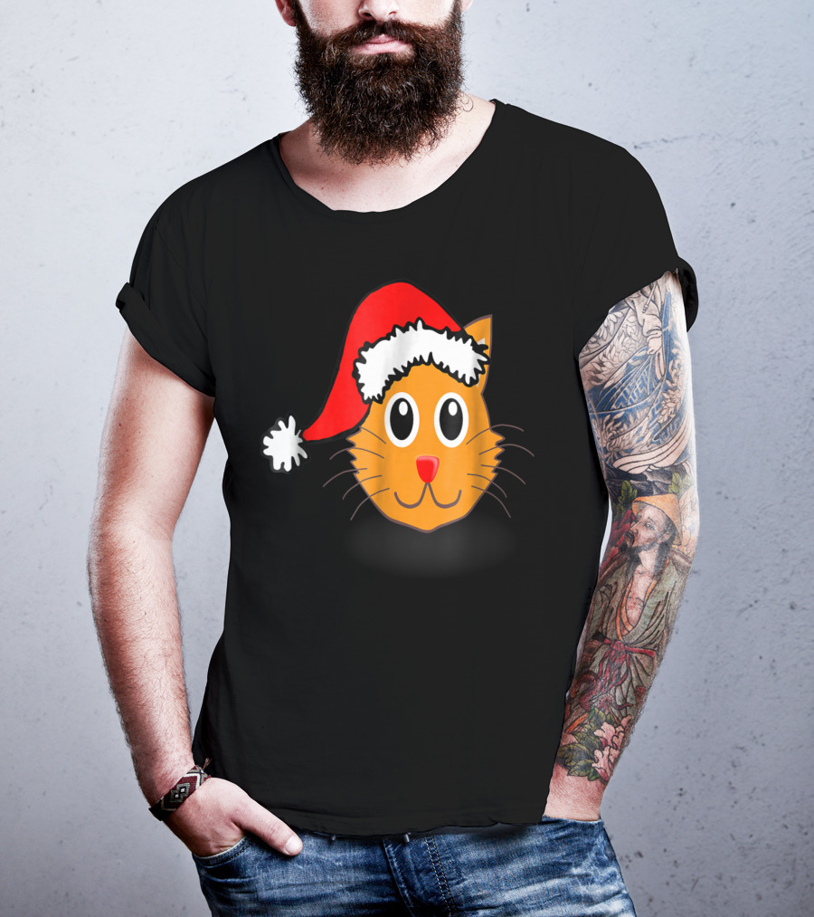 Cat Lover Grandma Kid Grandpa39 Santa Hat Cat Face T-Shirt