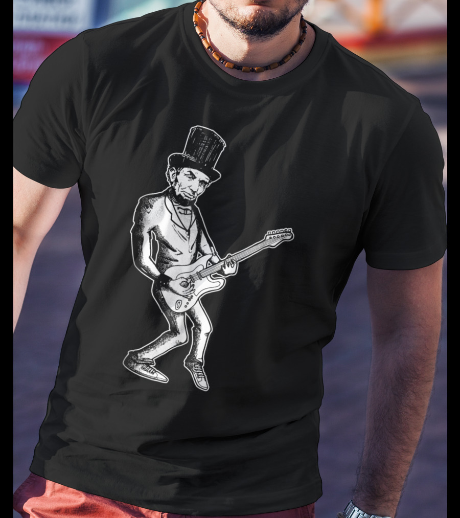 Abraham Lincoln Guitar Dad Rock Star With Top Hat And Electric Guitar T-Shirt