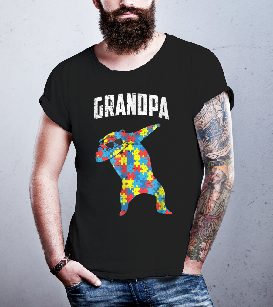 Grandpa Autism Bear Dabbing Puzzle Glasses T-Shirt