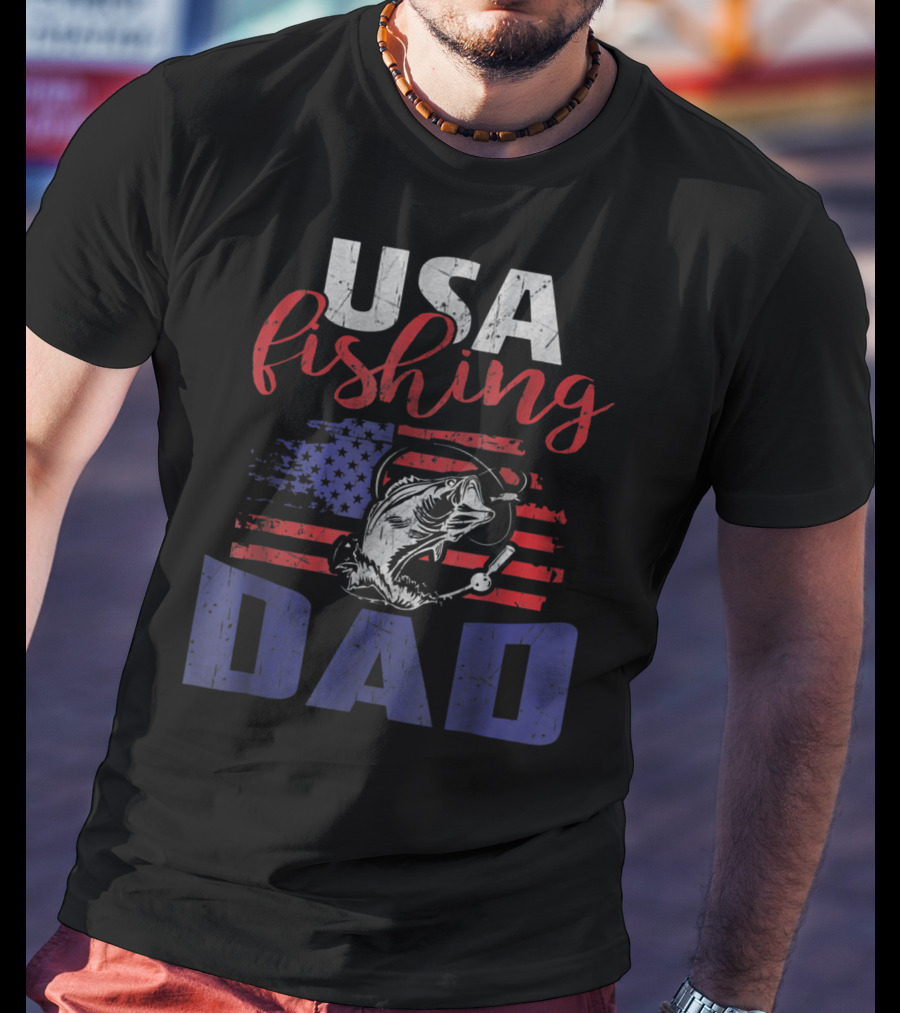 USA Fishing Dad American Flag Bass Fish T-Shirt