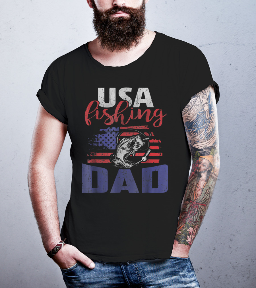 USA Fishing Dad American Flag Bass Fish T-Shirt