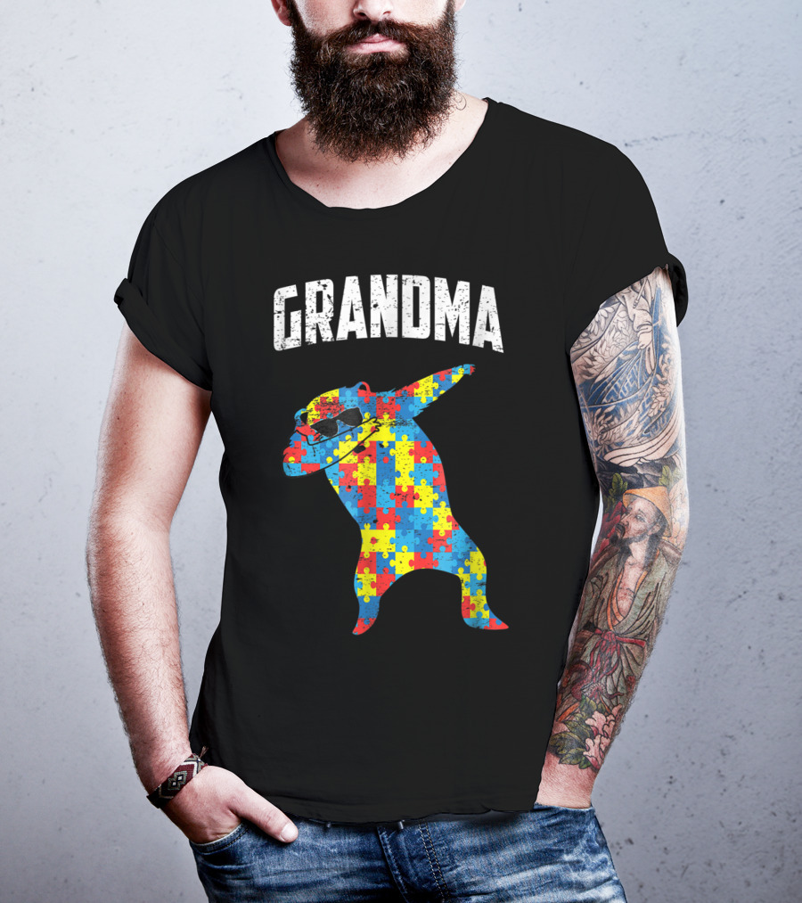 Autism Grandma Bear Dabbing Puzzle Glasses T-Shirt