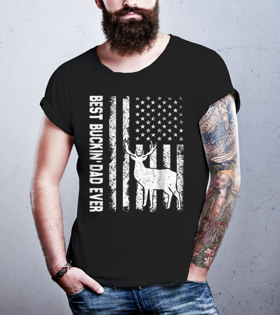 Best Buckin Dad Ever American Flag Deer T-Shirt