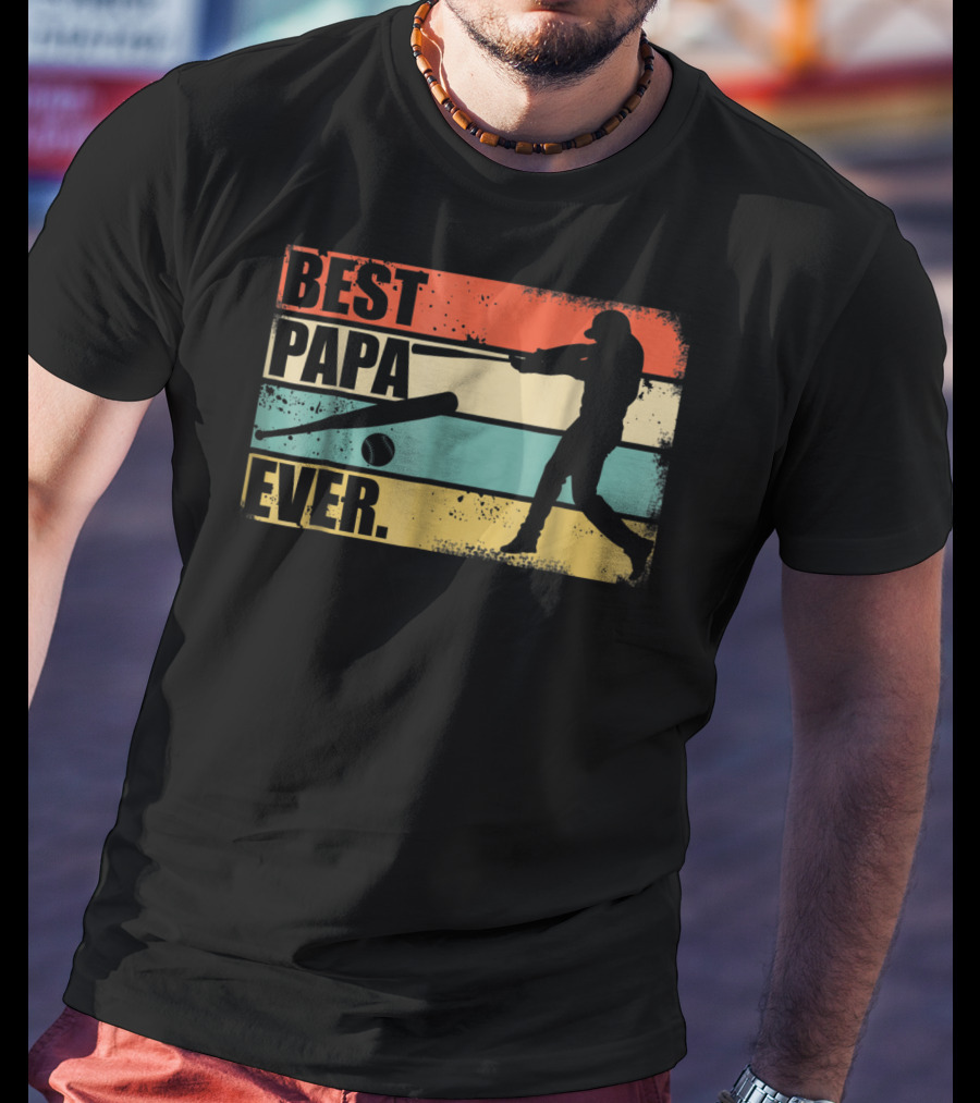 Best Papa Ever Vintage Baseball Silhouette Retro Stripes T-Shirt