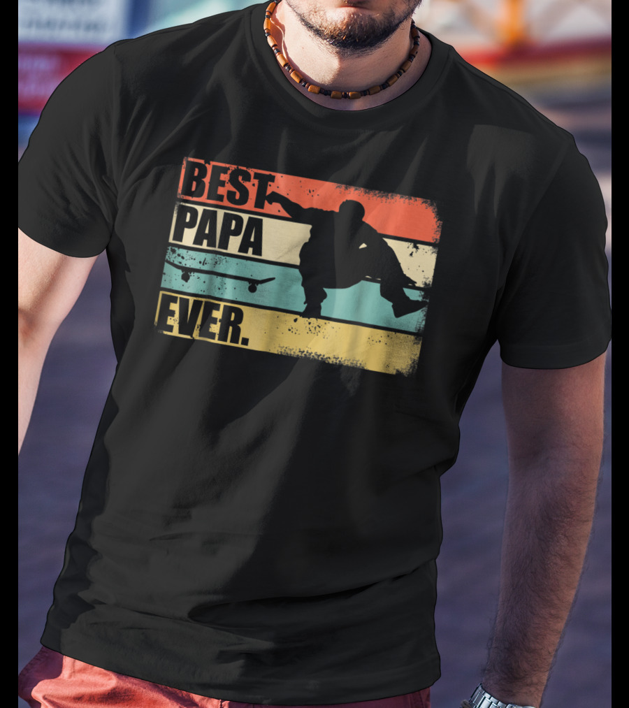 Best Papa Ever Skateboarder Silhouette Retro Stripes T-Shirt