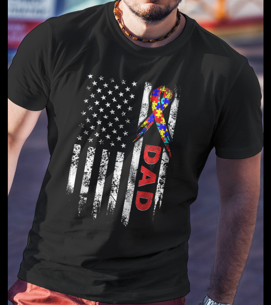 Autism Awareness American Flag Dad Ribbon Puzzle T-Shirt