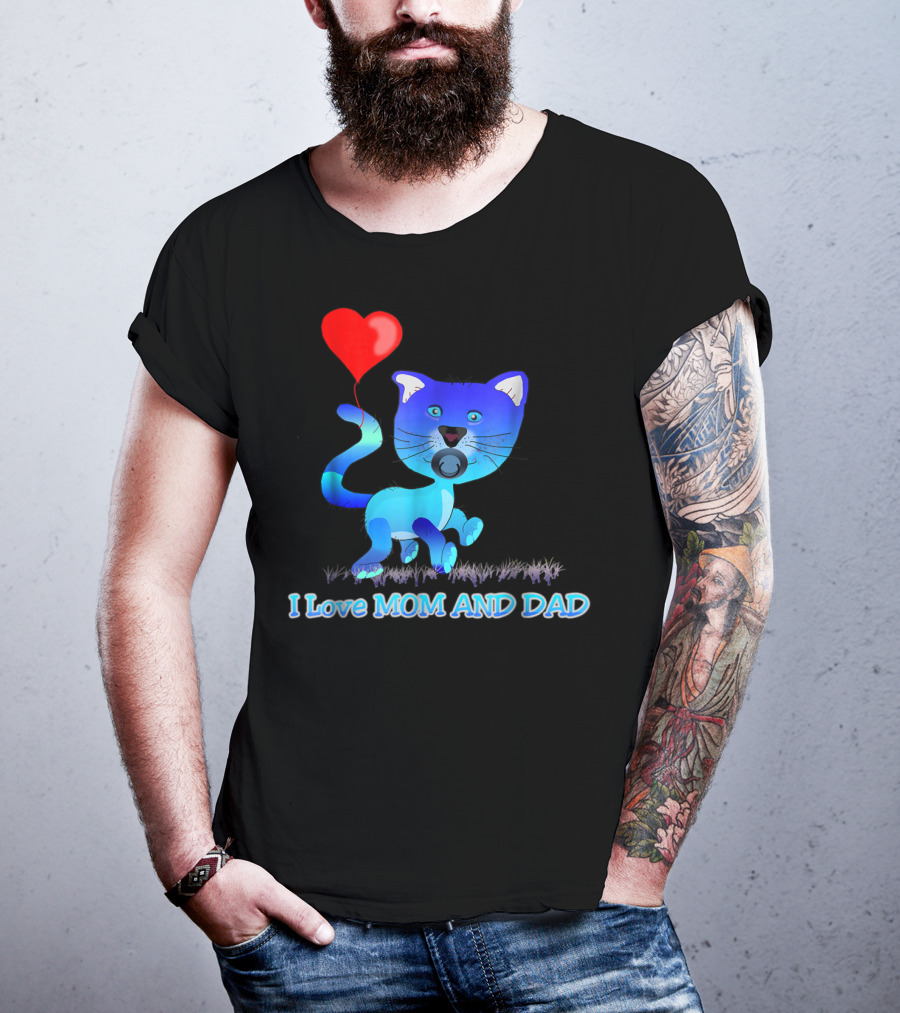 I Love Mom And Dad Cat With Heart Balloon Dummy Boy Kids Teens T-Shirt