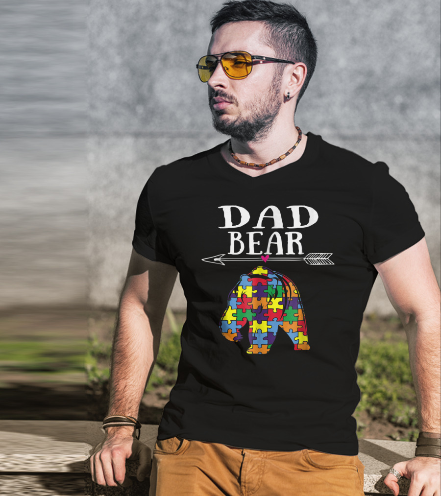 Dad Bear Autism Awareness Puzzle Pieces Arrow T-Shirt
