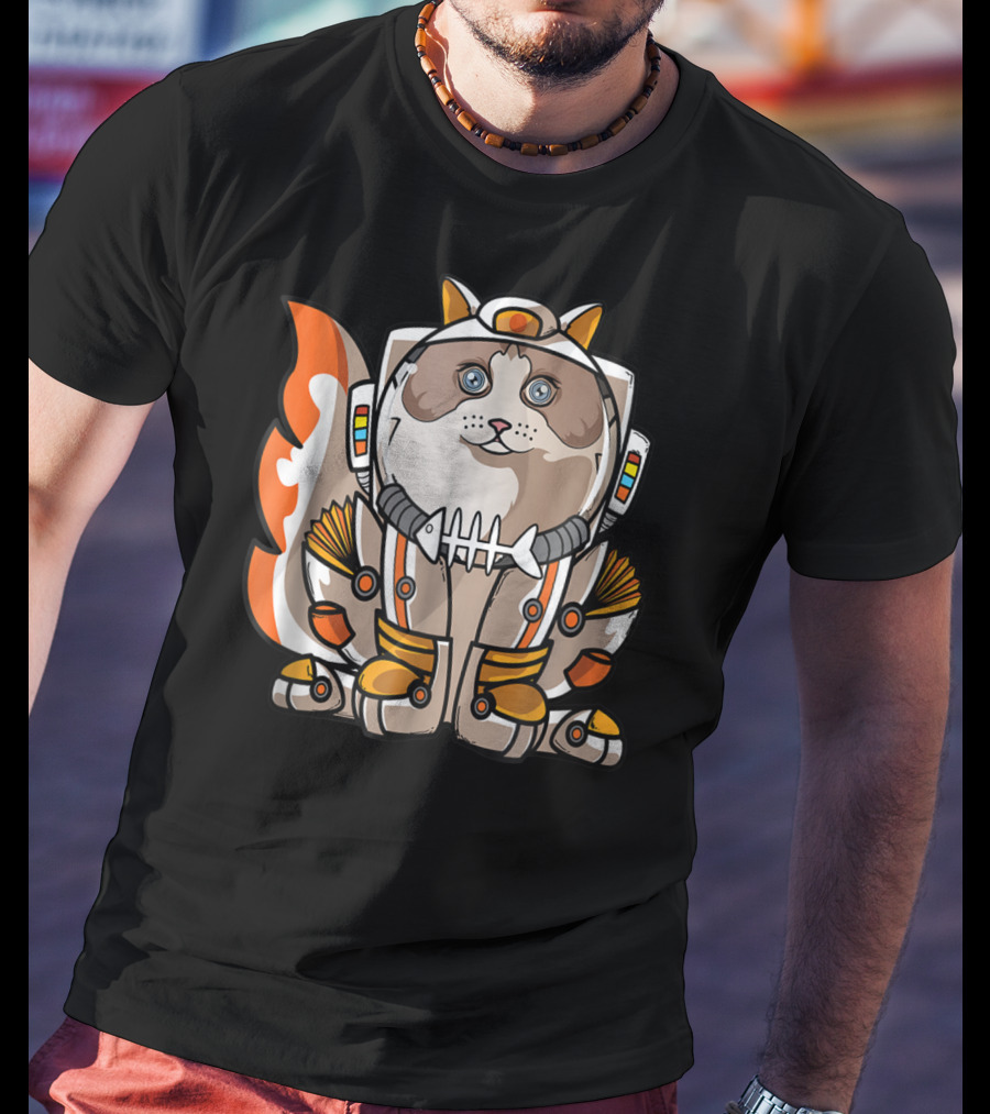 Christmas Space Ragdoll Suit Cat Astronaut With Fish Bone Helmet T-Shirt
