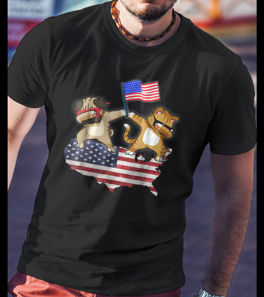 Dad Joke Loading Patriotic Pug And Cat Dabbing With American Flag USA Map T-Shirt