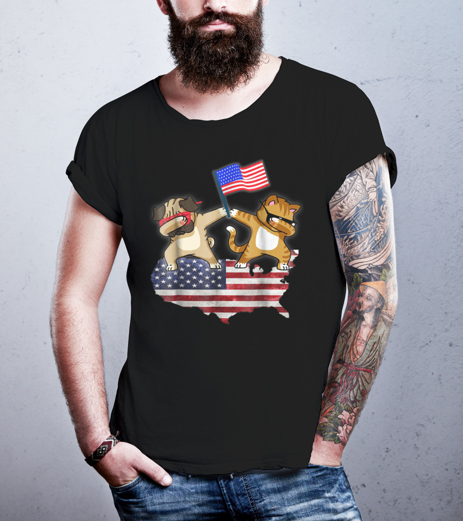 Dad Joke Loading Patriotic Pug And Cat Dabbing With American Flag USA Map T-Shirt