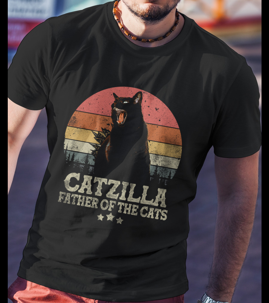 Catzilla Father Of The Cats Retro Sunset Roar T-Shirt