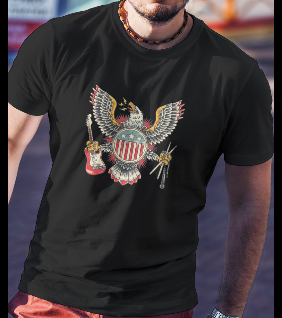 American Rockstar Eagle With Guitar And Drumsticks T-Shirt