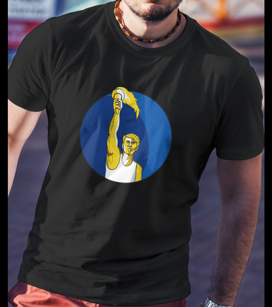 Athlete Holding Flaming Torch In Blue Circle Drawing T-Shirt