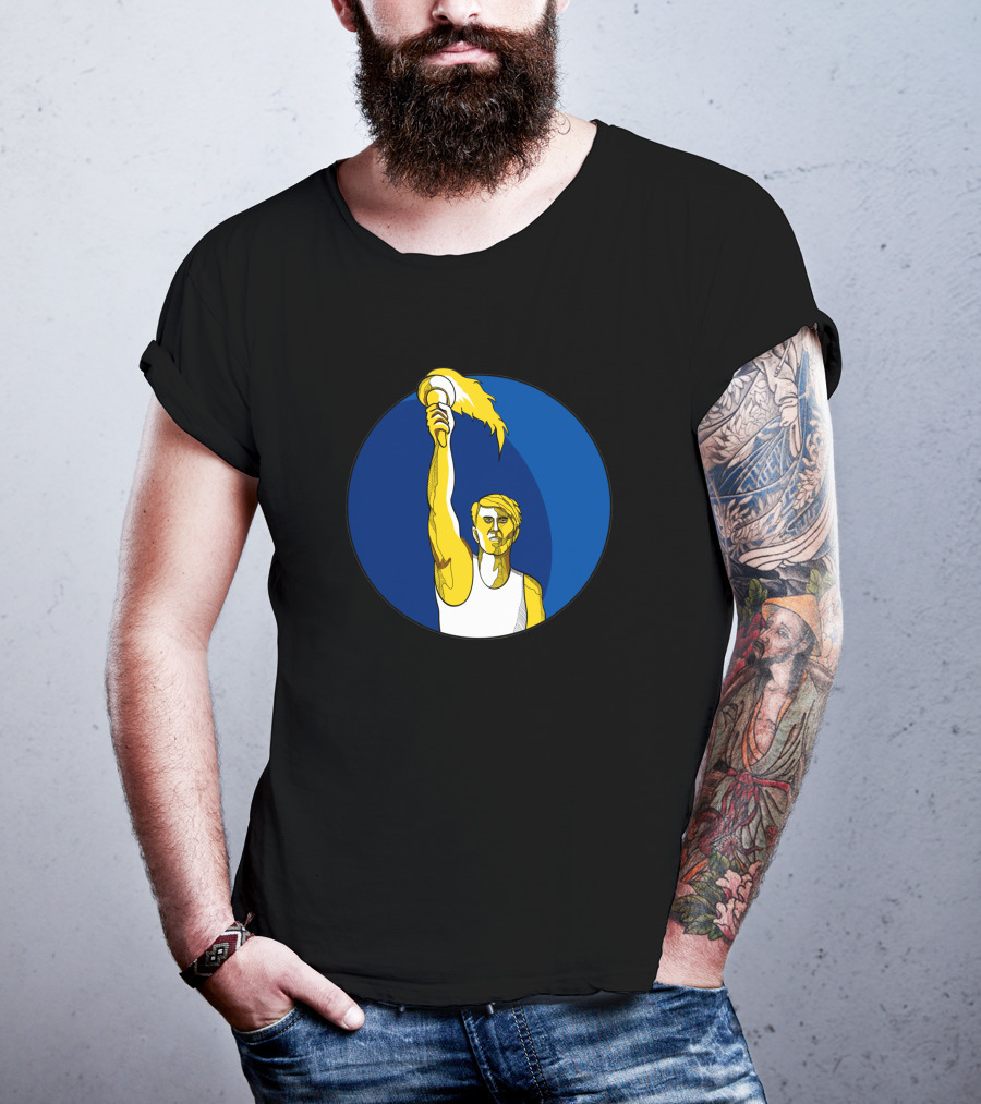Athlete Holding Flaming Torch In Blue Circle Drawing T-Shirt