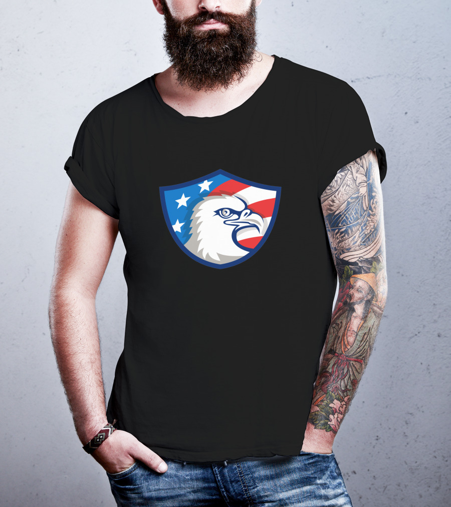 Bald Eagle Head USA Flag Shield Retro 1463 Stars And Stripes Motif T-Shirt
