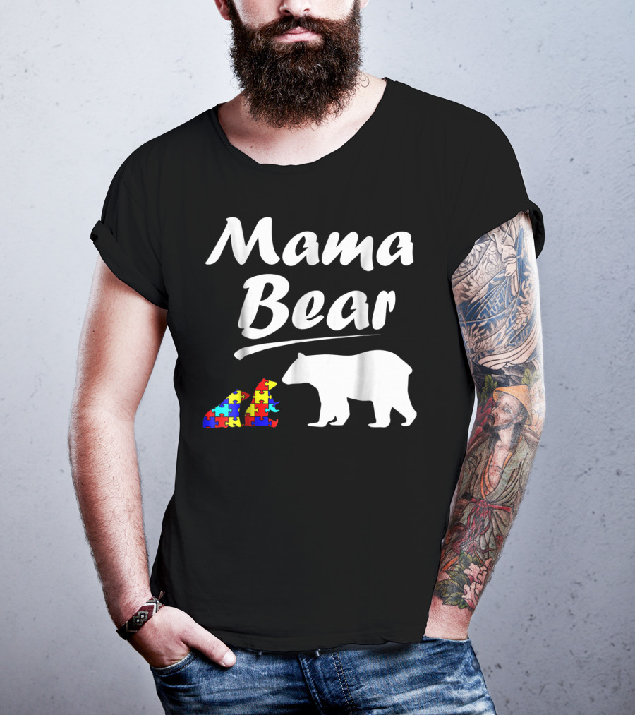 Mama Bear Autism Awareness Mom With Two Puzzle Piece Cubs T-Shirt