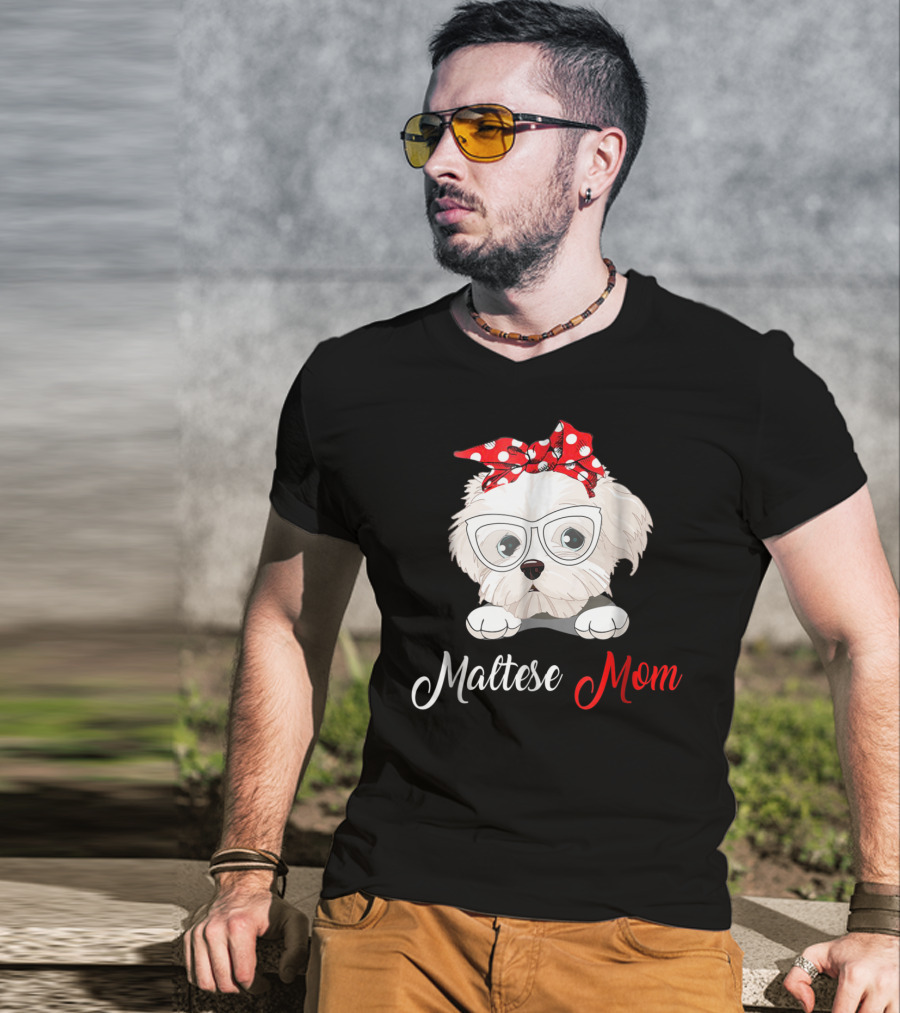 Maltese Mom Glasses Red Bow Birthday Outfit93 T-Shirt