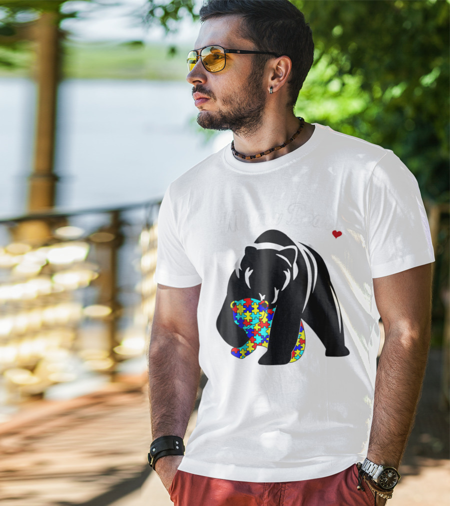 Mama Bear Autism Awareness Love Support Mom Puzzle Heart T-Shirt