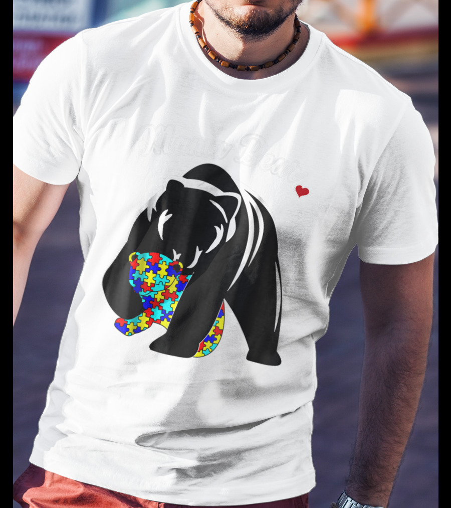 Mama Bear Autism Awareness Love Support Mom Puzzle Heart T-Shirt