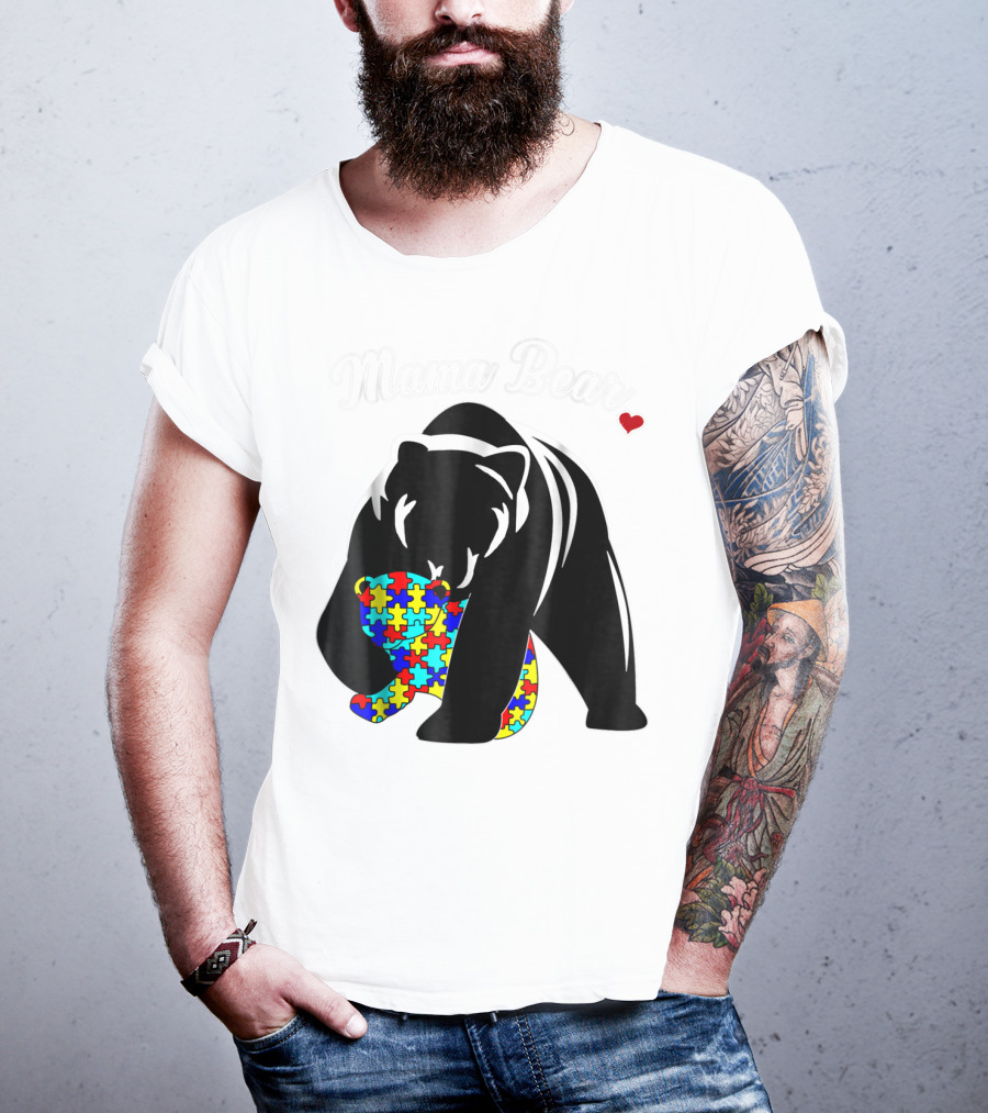 Mama Bear Autism Awareness Love Support Mom Puzzle Heart T-Shirt