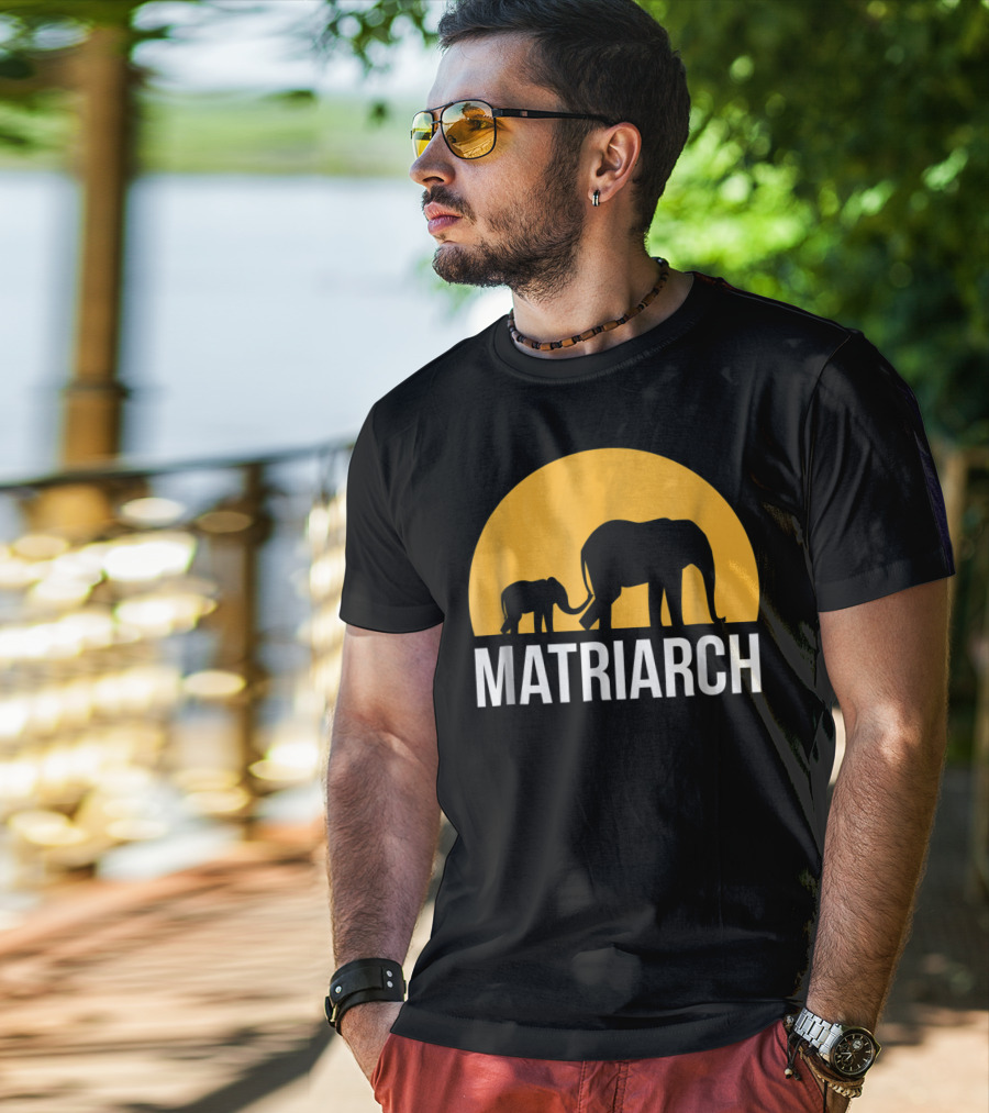Matriarch Elephant Silhouette With Yellow Sunset Circle T-Shirt