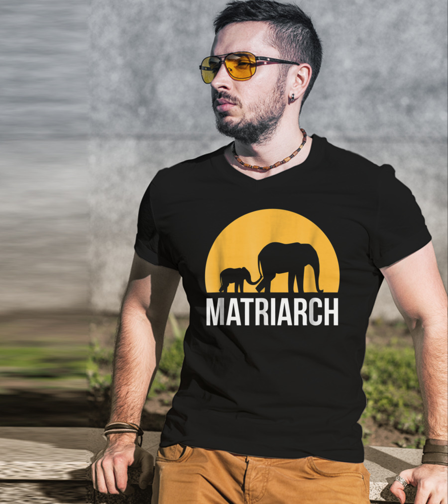Matriarch Elephant Silhouette With Yellow Sunset Circle T-Shirt