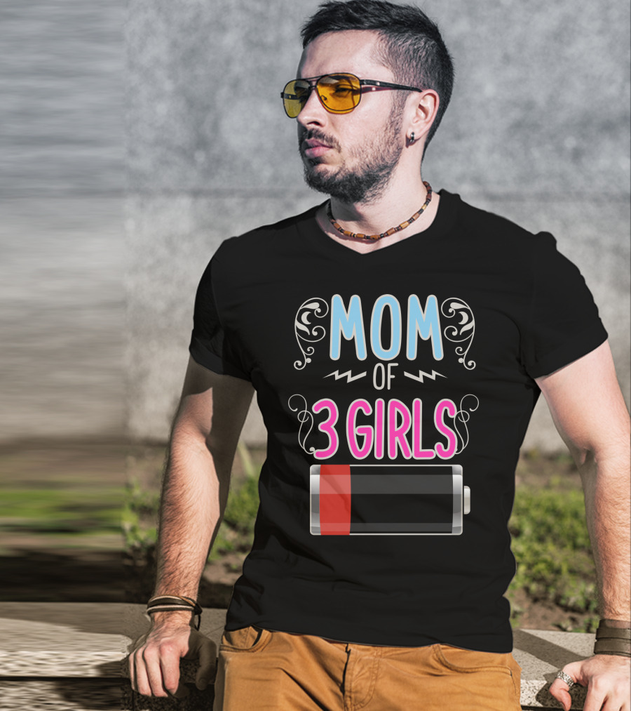 Mom Of 3 Girls Low Battery Icon Three Girl Mama Mother T-Shirt