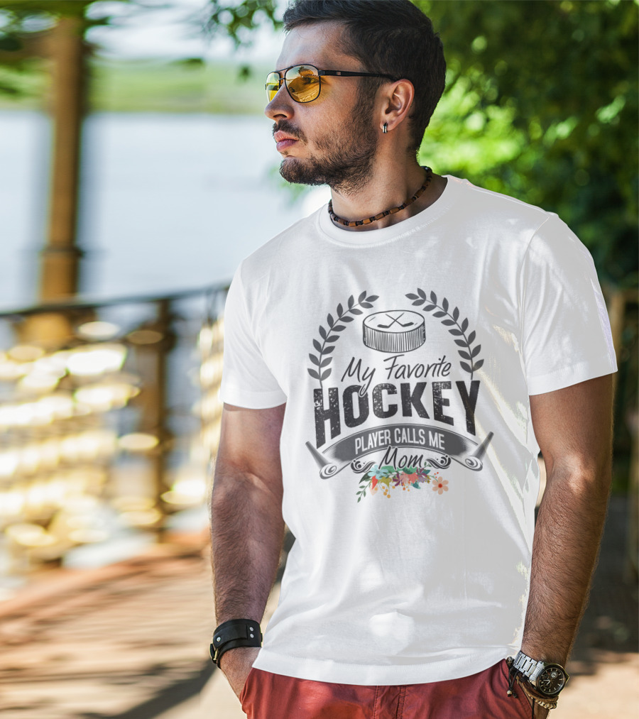 My Favorite Hockey Player Calls Me Mom Floral Hockey Puck Laurel T-Shirt
