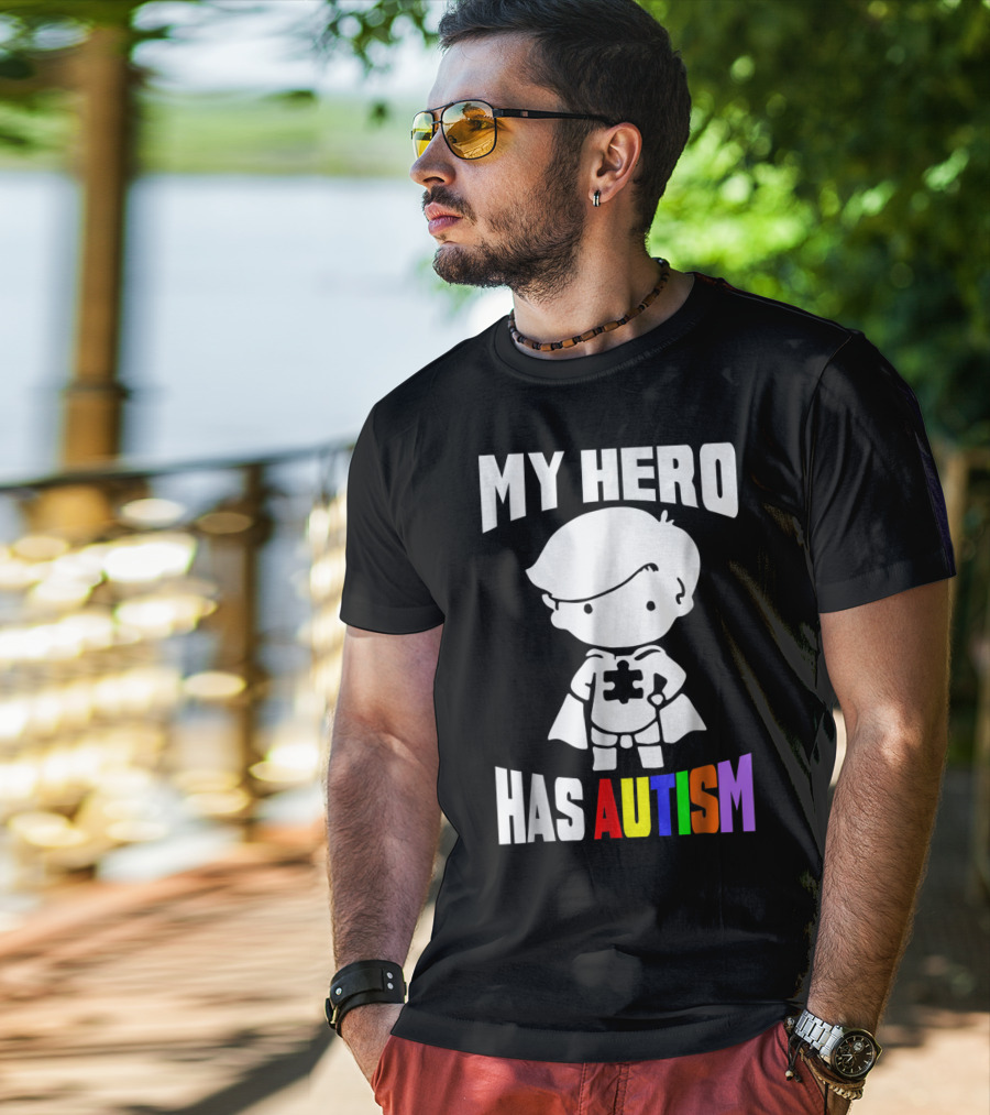 My Hero Has Autism Mom From Son56 Puzzle Cape Hero T-Shirt