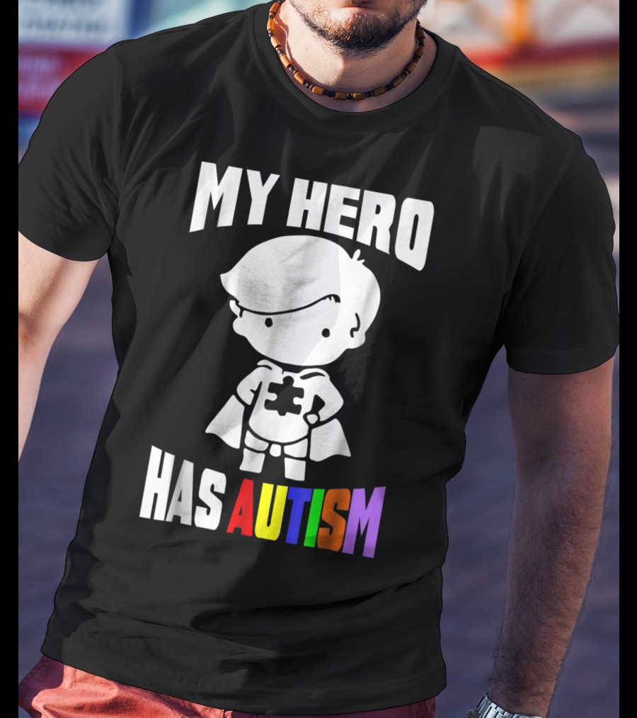 My Hero Has Autism Mom From Son56 Puzzle Cape Hero T-Shirt