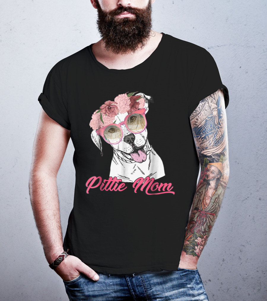 Pittie Mom With Flower Crown And Sunglasses Pitbull T-Shirt