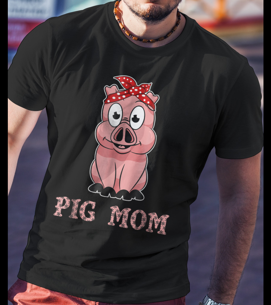 Pig Mom Bandana Cute For Girl And Women79 Whimsical Pig With Red Polka Dot Headband T-Shirt