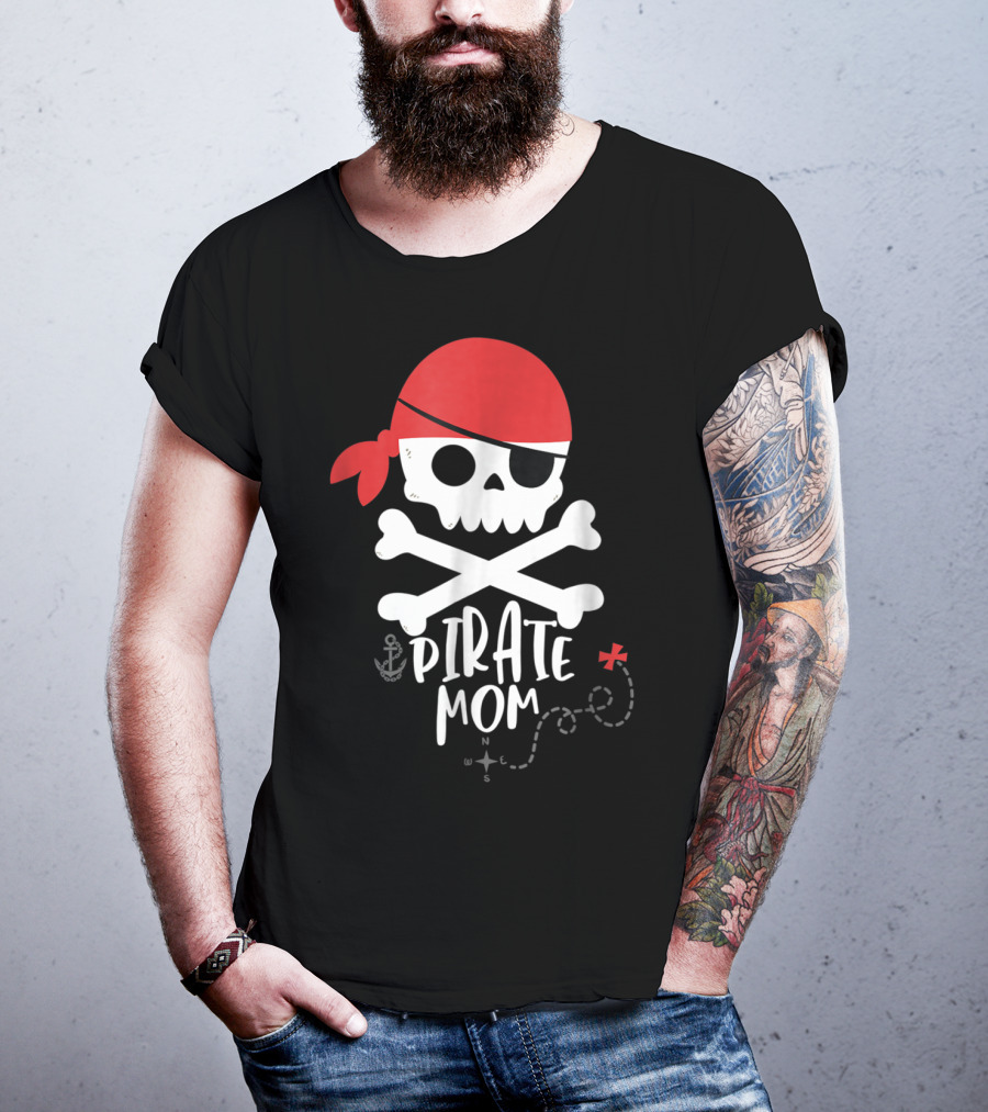 Pirate Mom Skull And Crossbones With Red Bandana Map Anchor T-Shirt