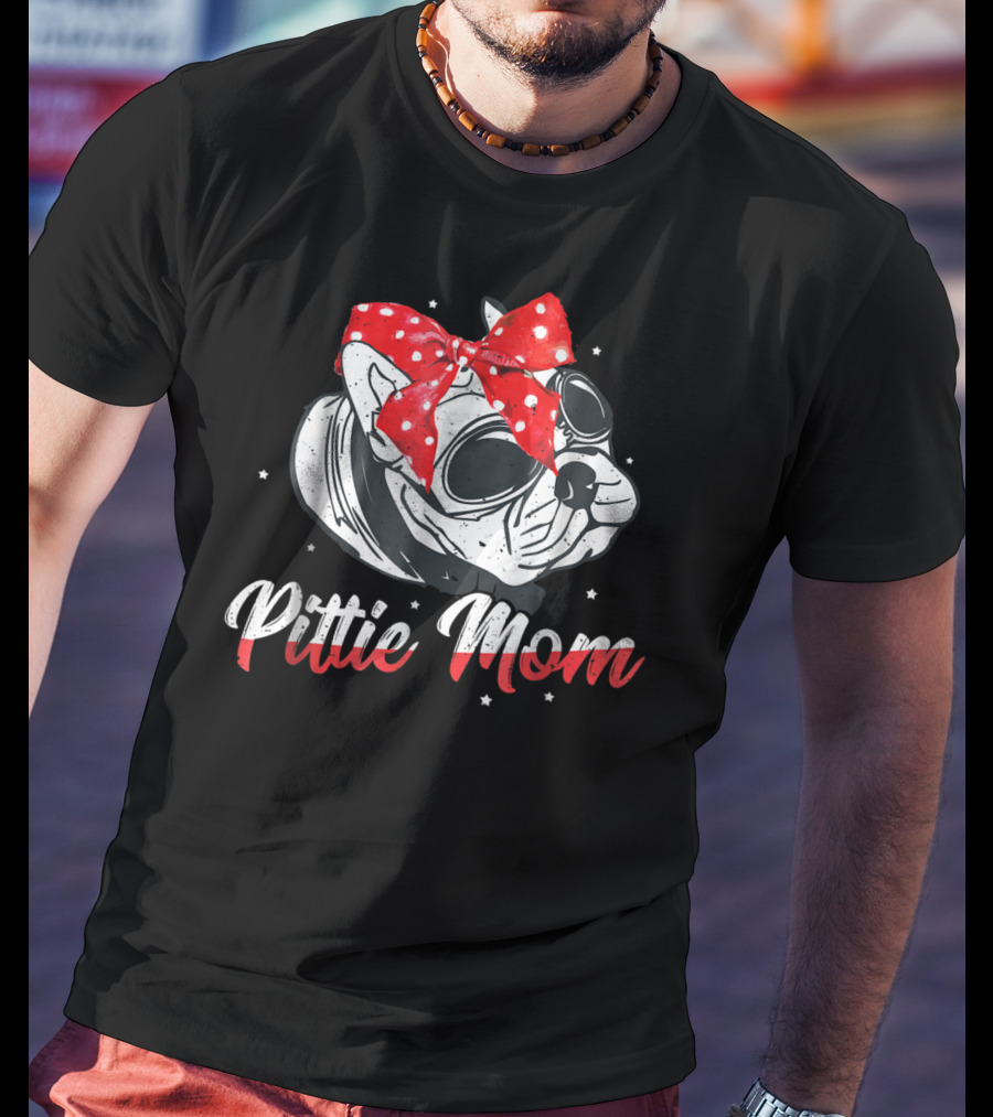 Pittie Mom American Pitbull Dog Lover Red Polka Dot Bow Glasses T-Shirt