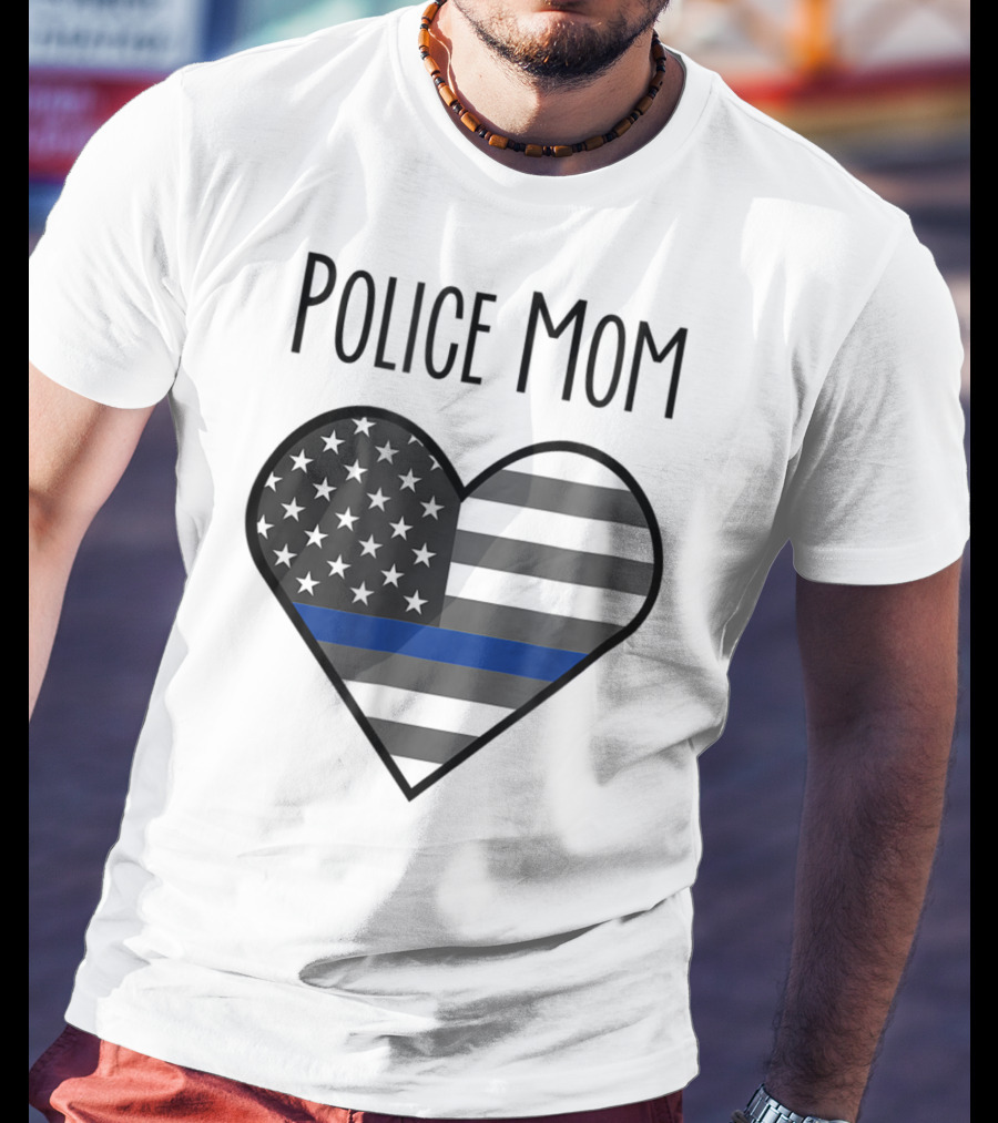 Police Mom Heart Thin Blue Line American Flag T-Shirt