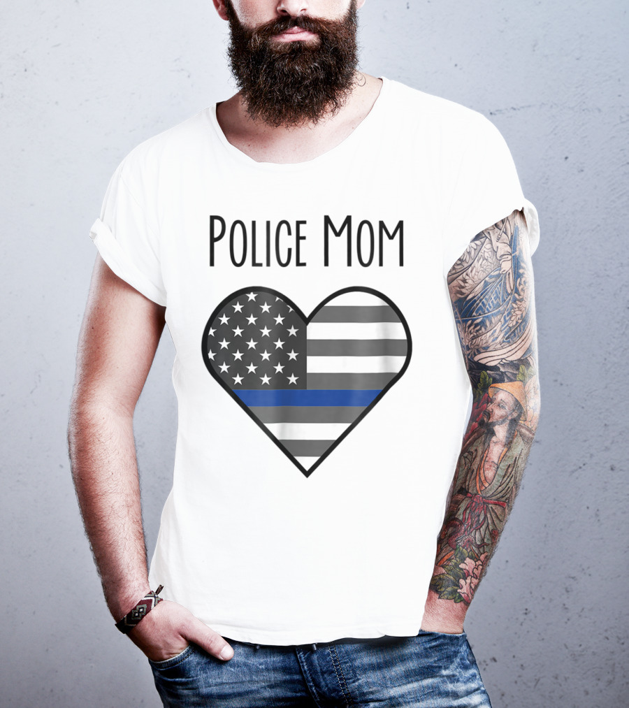 Police Mom Heart Thin Blue Line American Flag T-Shirt