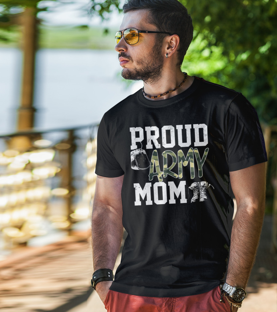 Proud Army Mom Boots Helmet Camouflage Text T-Shirt