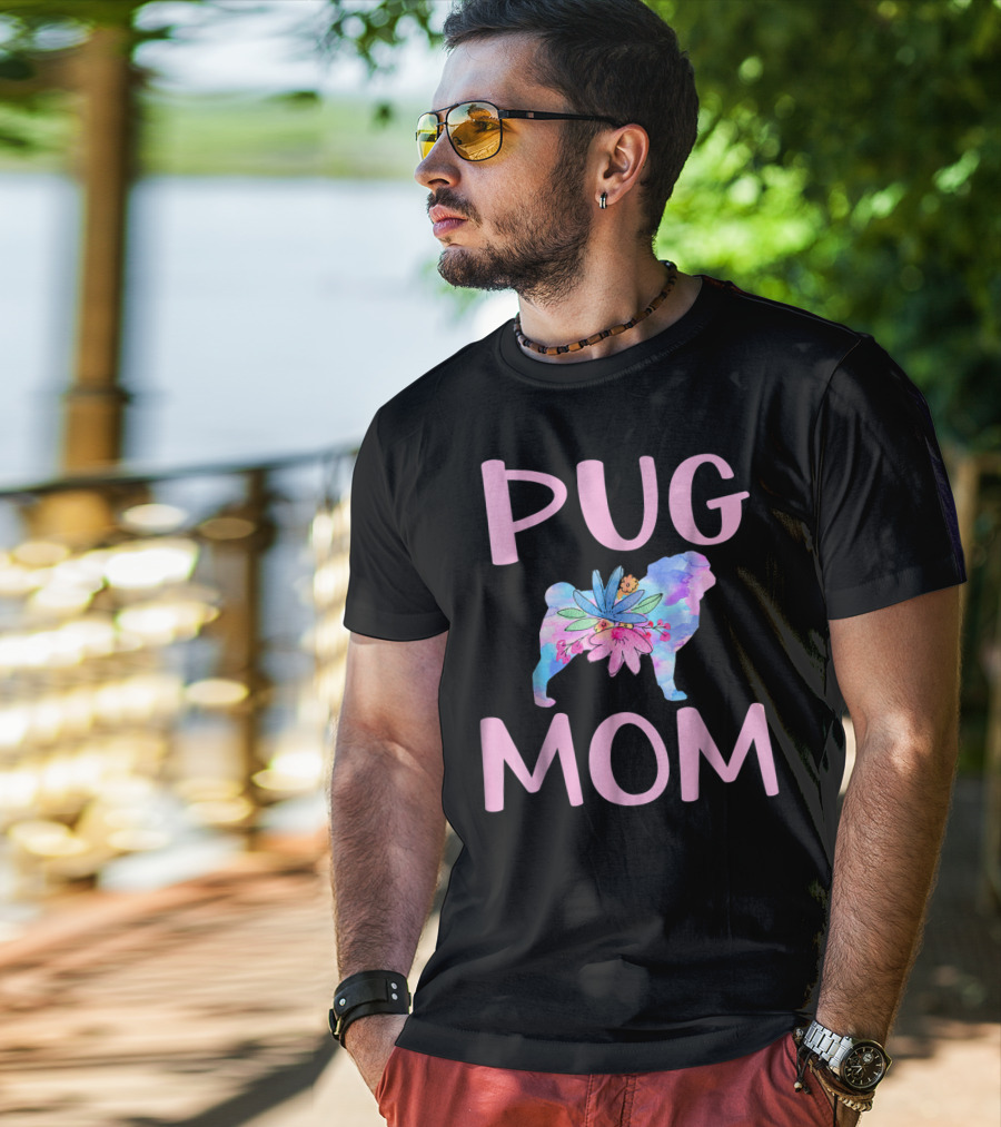 Pug Mom Floral Watercolor Silhouette Cute Pug Owner T-Shirt