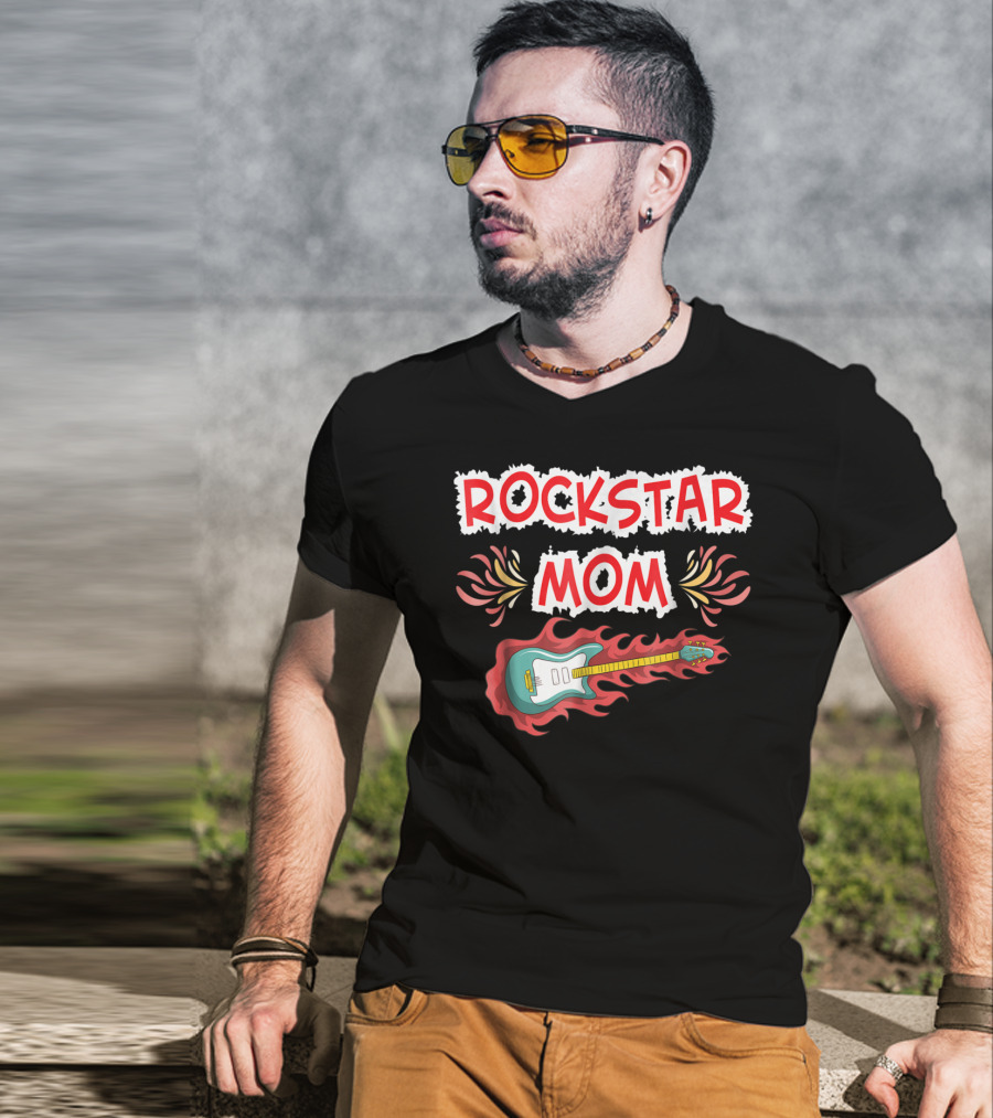 Rockstar Mom Electric Guitar Fire Design Rock Fan T-Shirt